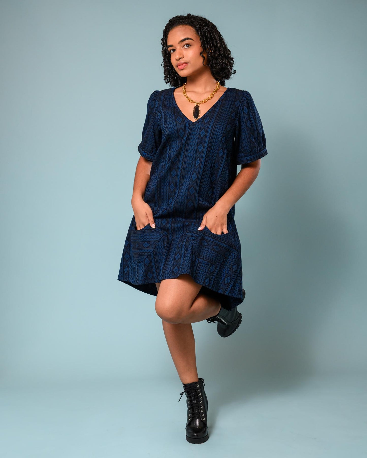 Squasht Winifred Dress Blue & Black Geo Print