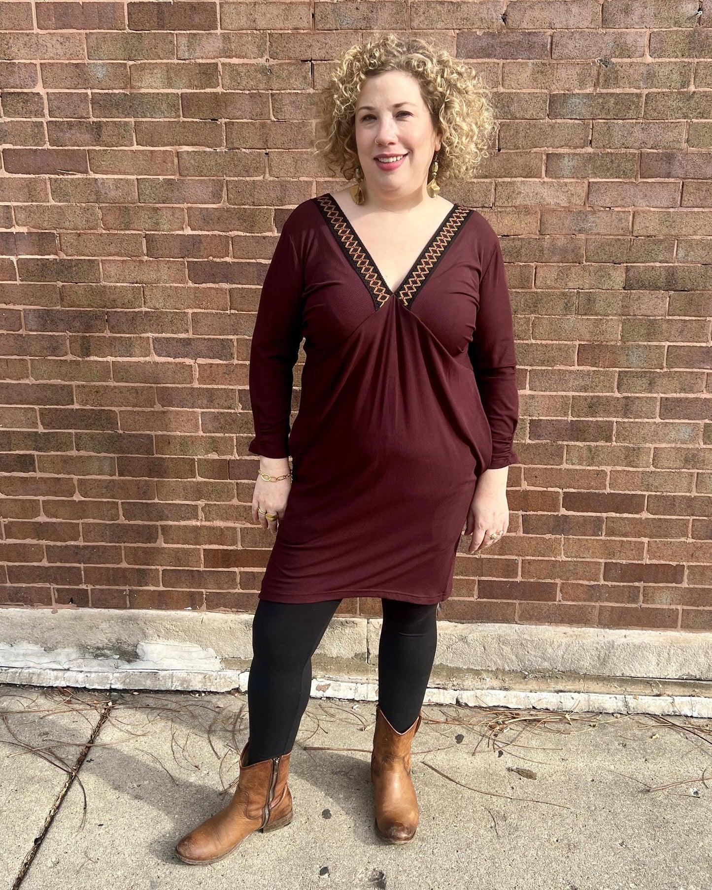 Squasht Drea Draped Dress in Cranberry with Black & Cranberry Vintage Trim