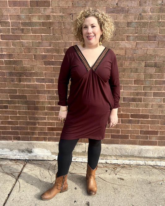 Squasht Drea Draped Dress in Cranberry with Black & Cranberry Vintage Trim