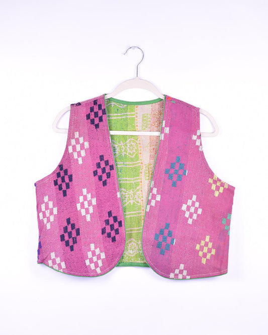 Txtile Maddie Quilted Reversible Patchwork Kantha Quilt Vest in Fushcia Geo