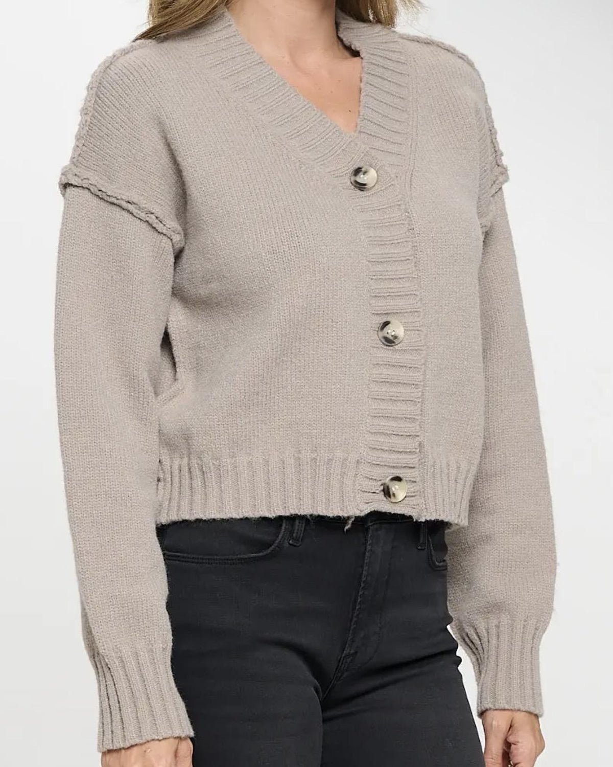 Renee C. Thick Knit Long Sleeve Cardigan with Buttons in Taupe