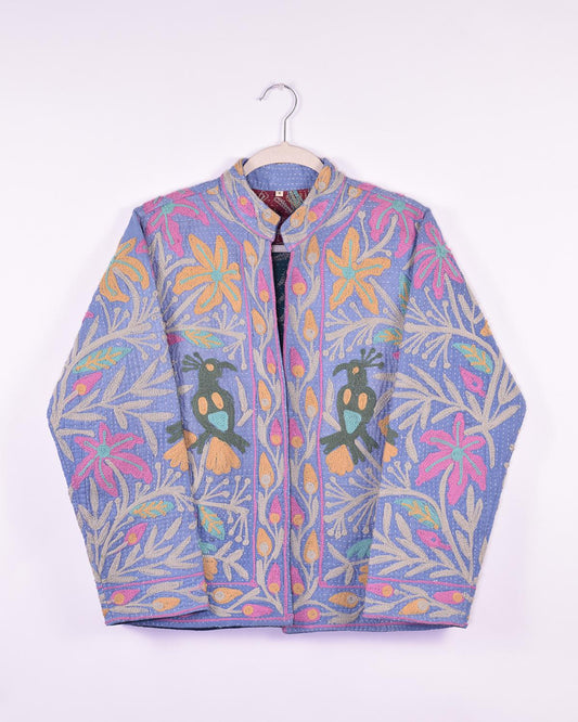 Txtile Billie Quilted Reversible Patchwork Kantha Jacket - Size Small - Periwinkle Embroidery with Birds & Flowers