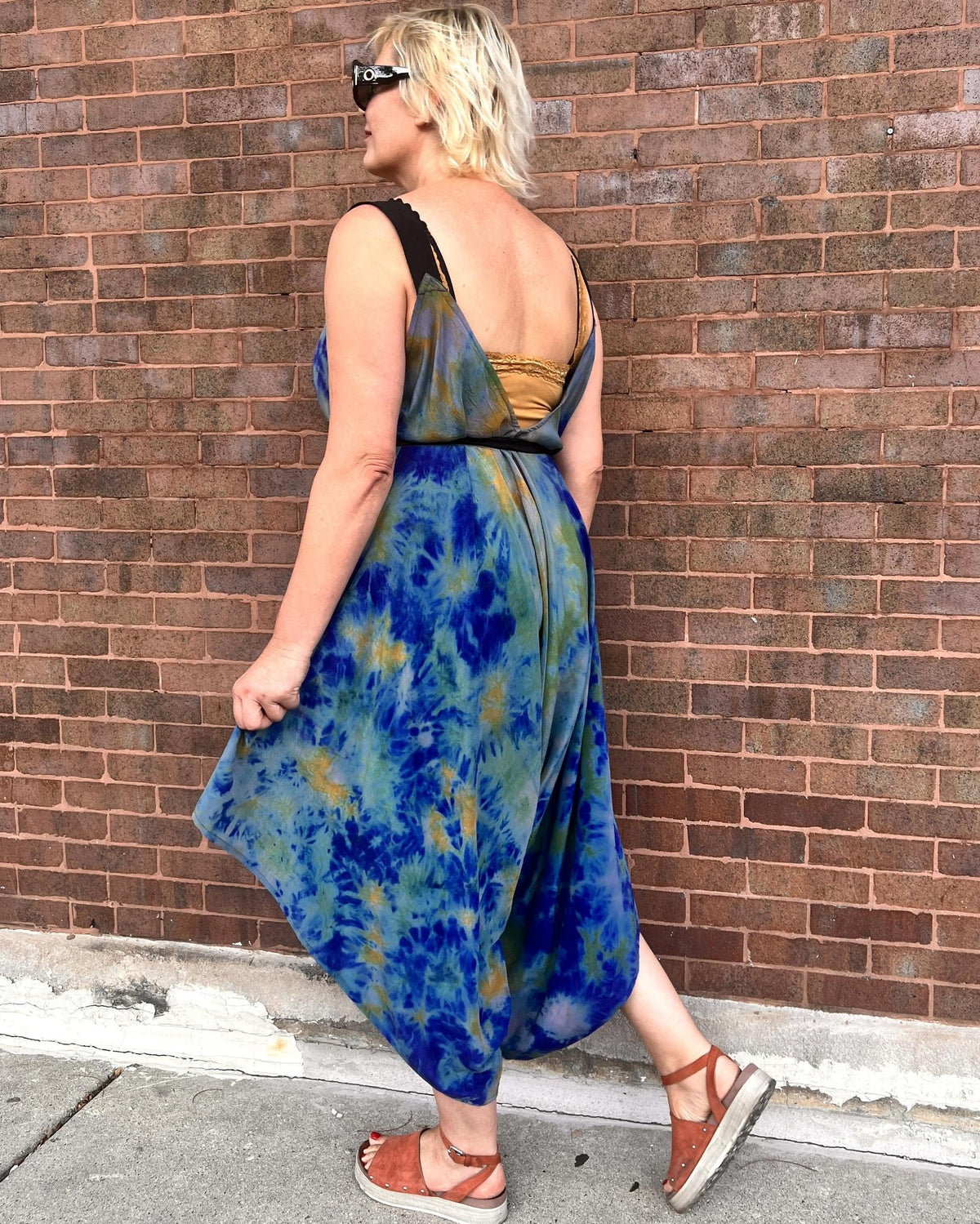 Indie Ella Zatanna Boho Silk Jumpsuit in Oceanic Blue Tie-Dye