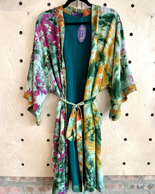 Indie Ella Double Flannery Lined Crepe Silk Kimono in Pink & Green Tie Dye