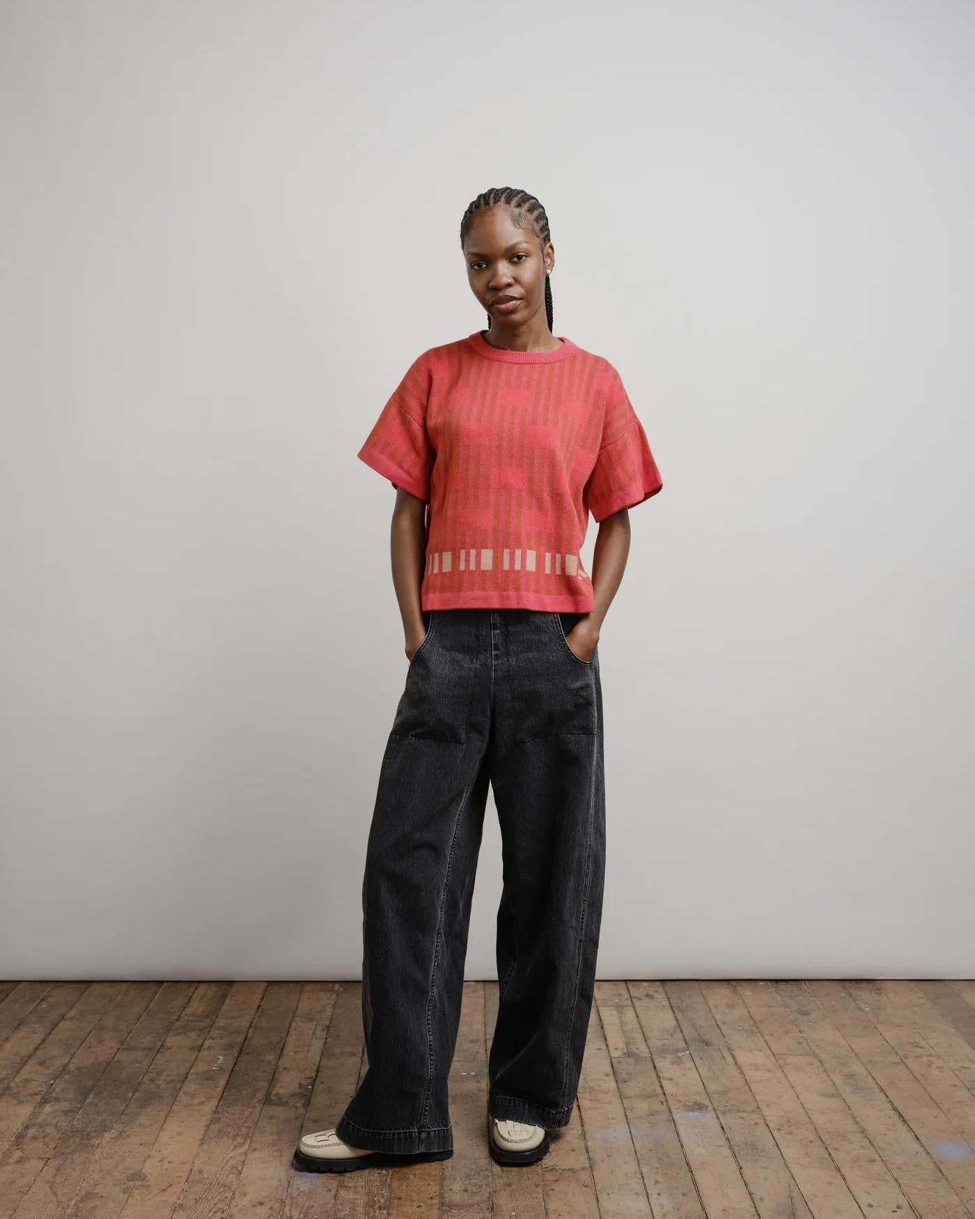 The Endery Bauhaus Short Sleeve Sweater Tee in Aurora (Red/Orange)