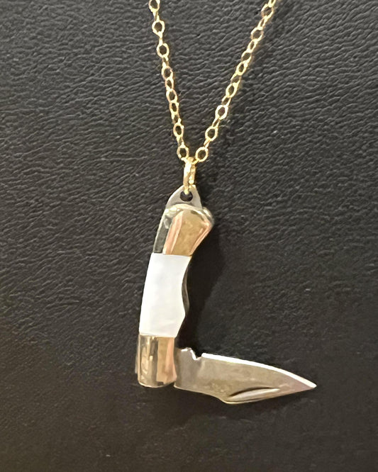 1979 Jewelry Knife Necklace 1-inch Mother of Pearl Necklace - 14kt gold fill chain