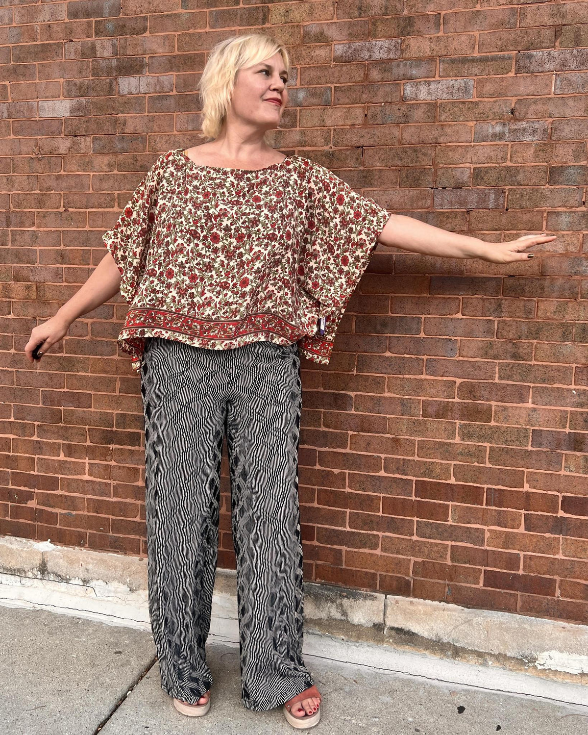 Indie Ella Tessa Flowy Silk Top in Cream with Red and Green Floral Vines Print