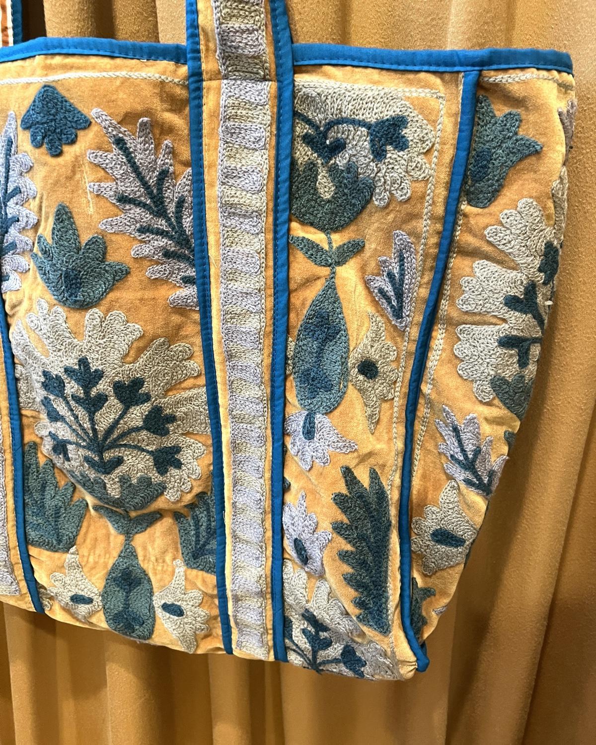 Txtile Velvet Suzani Tote Bag in Gold and Teal