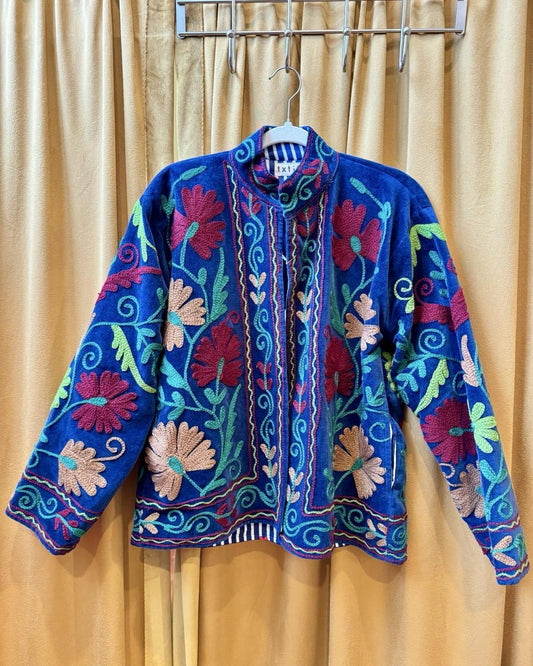 Txtile Navy Velvet Jacket with Embroidered Floral Design
