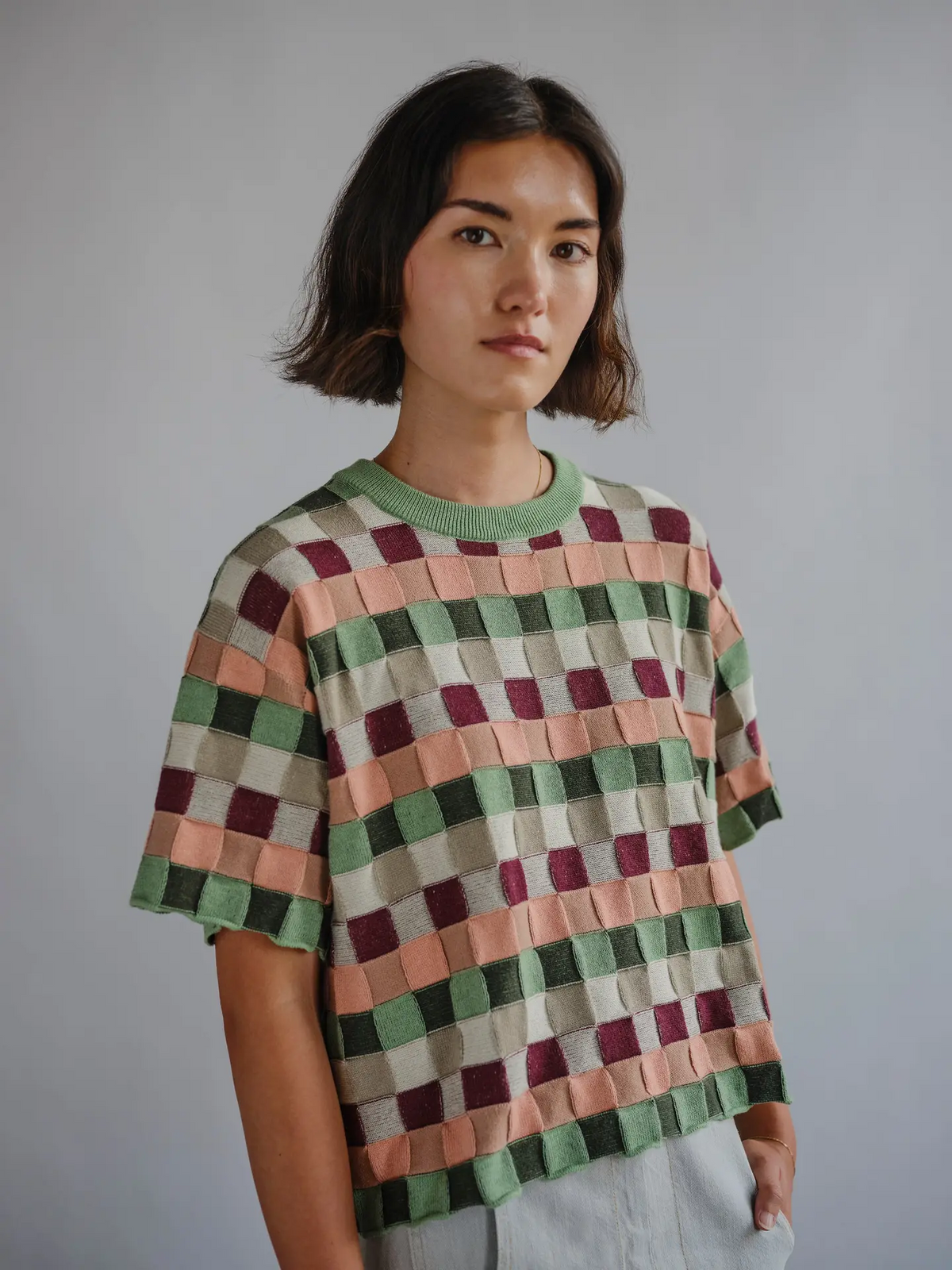 The Endery Sonia Short Sleeve Sweater Tee in Zephyr (Sage/Peach/Cream)