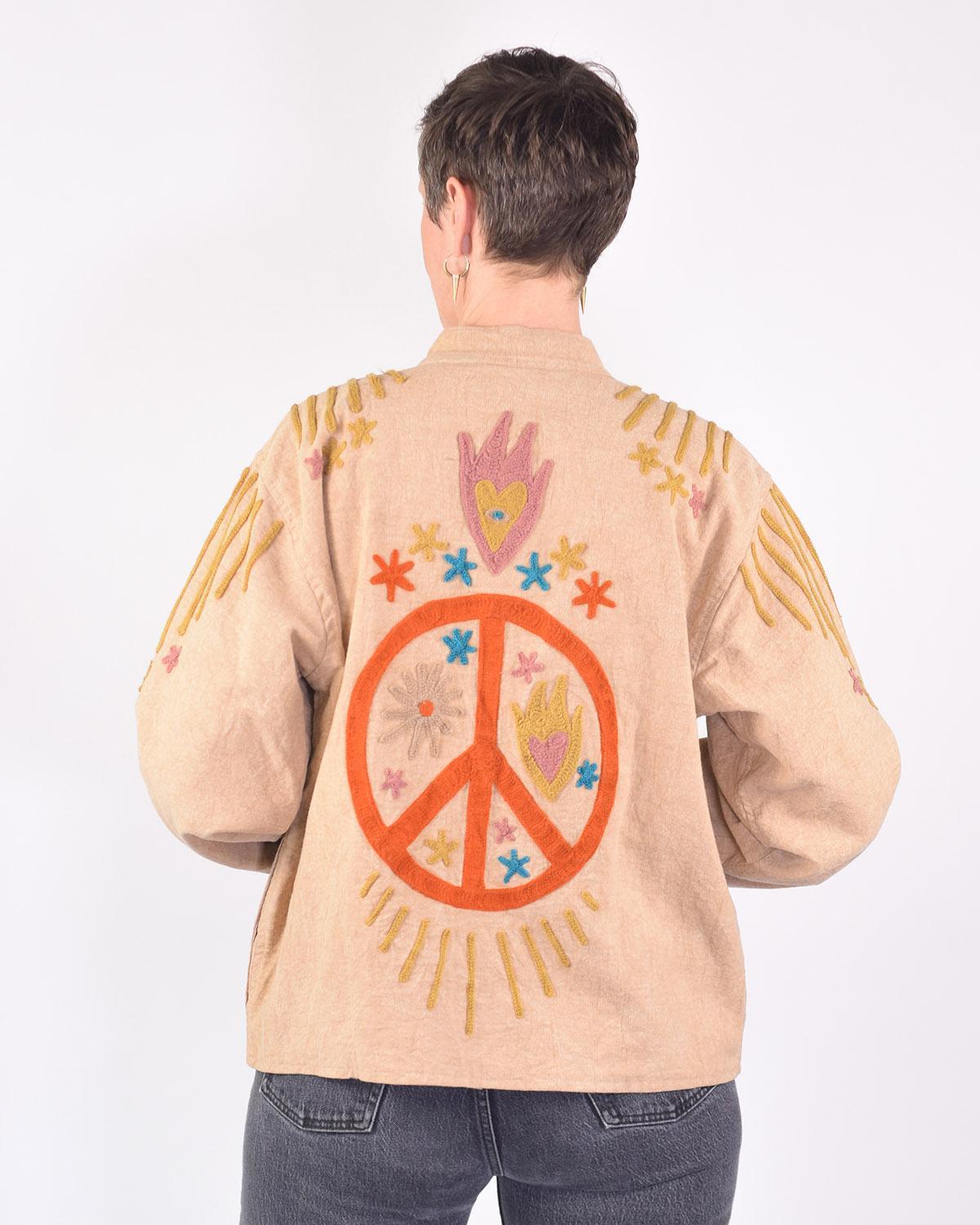 Txtile Dusty Taupe Lightweight Peace and Love Motif Canvas Embroidered Jacket