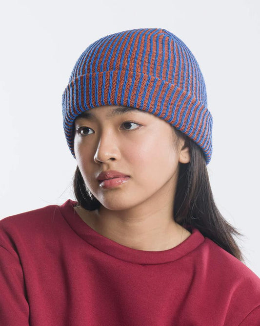 Verloop Simple Rib Knit Beanie Hat in Cobalt Rust