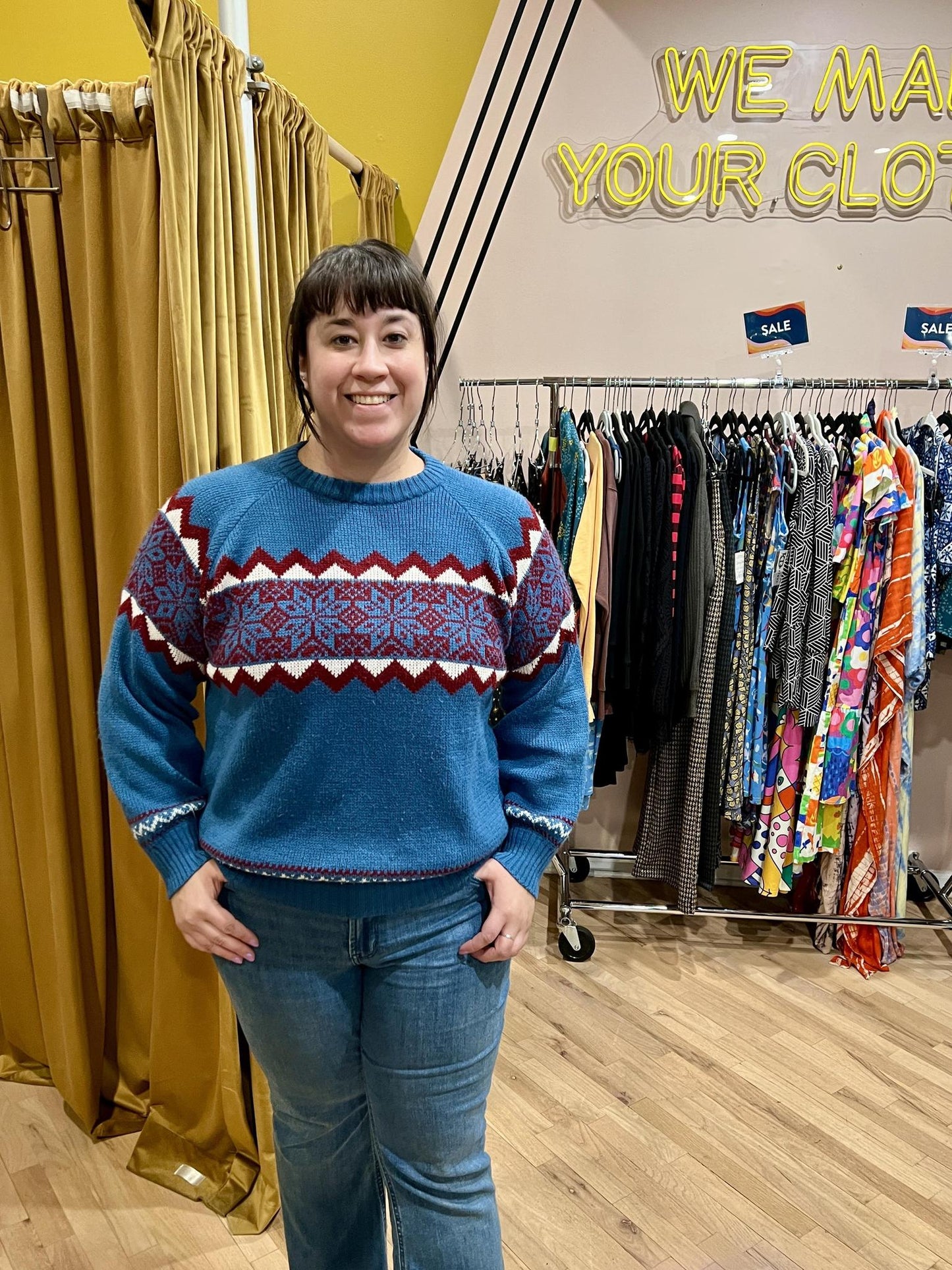 American Recycled Clothing - Full Length Knit Sweater - Fair Isle Style in Blue & Red - SALE