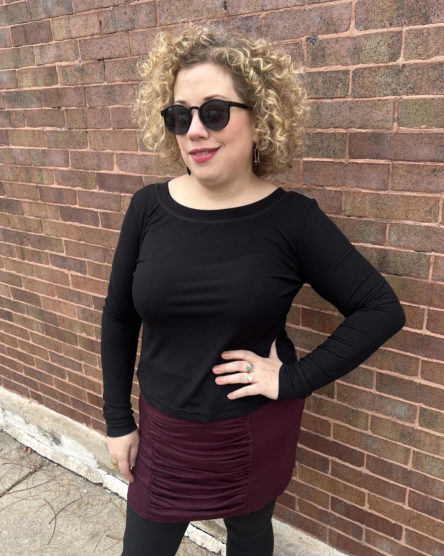 Squasht Long Sleeve Croppish Tee in Solid Black Rib Knit