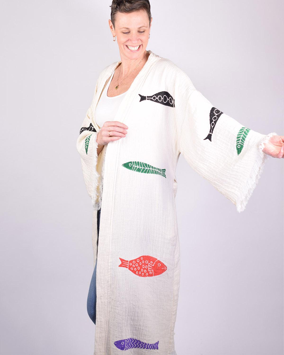 Txtile Luxury Turkish Cotton Kimono/Robe in Fish Party