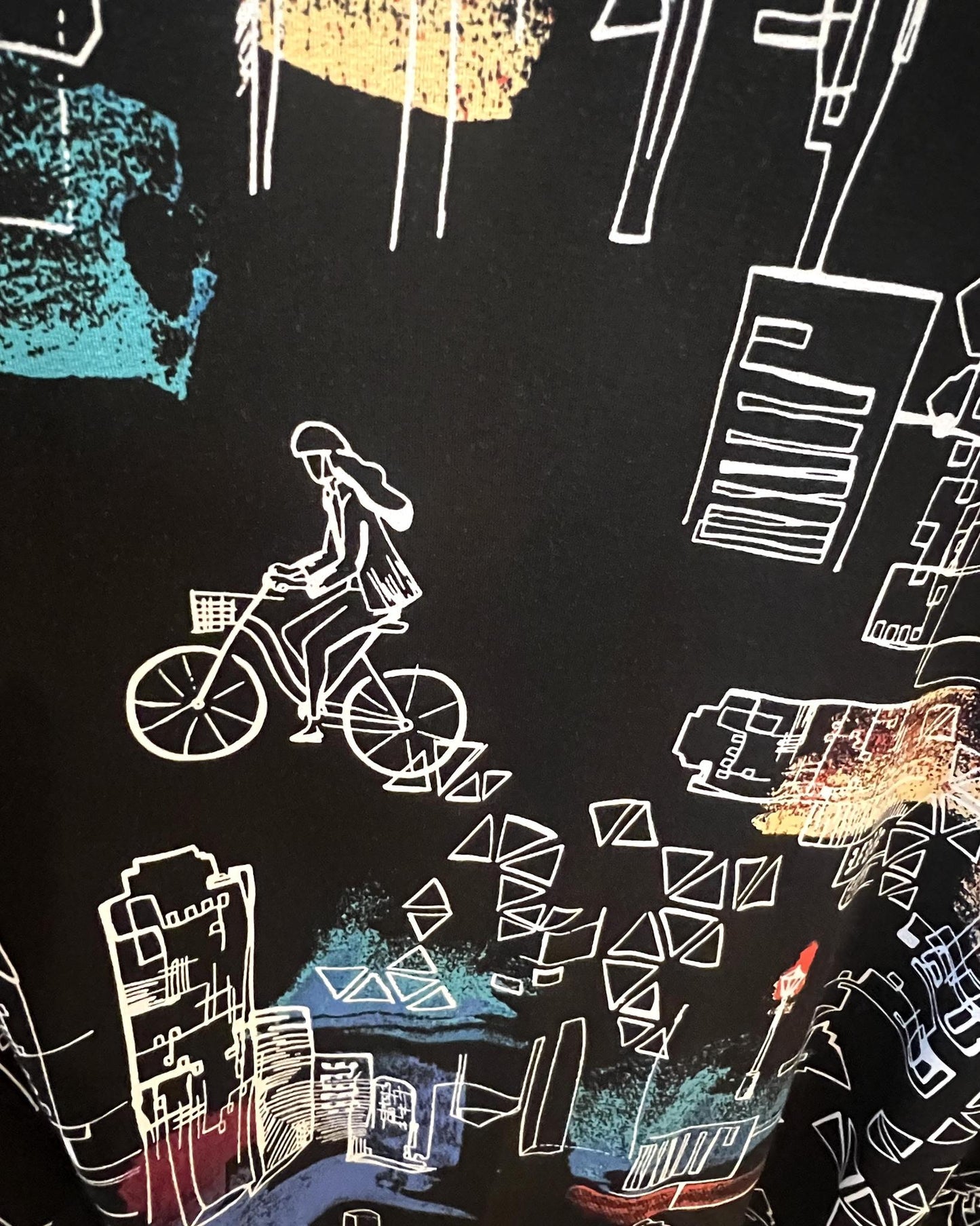 Squasht Maxi Dress Black with City Girl, Bike, and Dog Print - Size Small, Medium