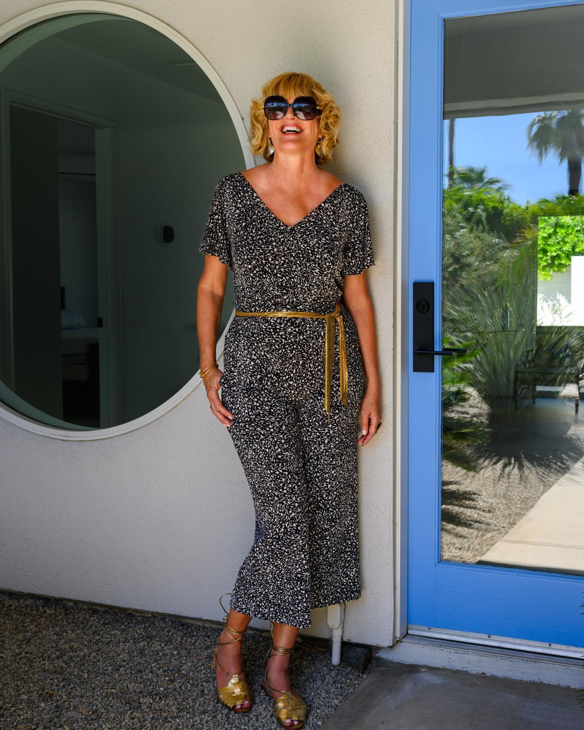 Squasht Jumpsuit with Bell Sleeves in Black with White Swishes