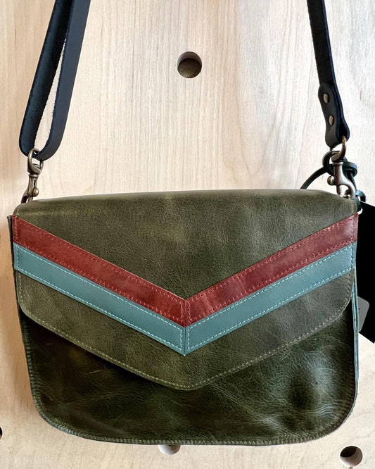 Vallente Leather Chevron Handbag - Olive Green w/ Brandy & Teal Chevrons