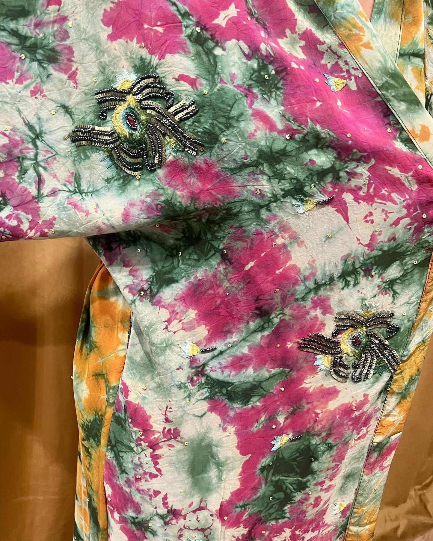 Indie Ella Double Flannery Lined Crepe Silk Kimono in Pink & Green Tie Dye