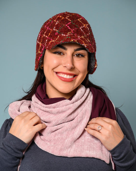 Squasht Darby Earflap Hat in Cranberry Boucle with Squiggly Pattern