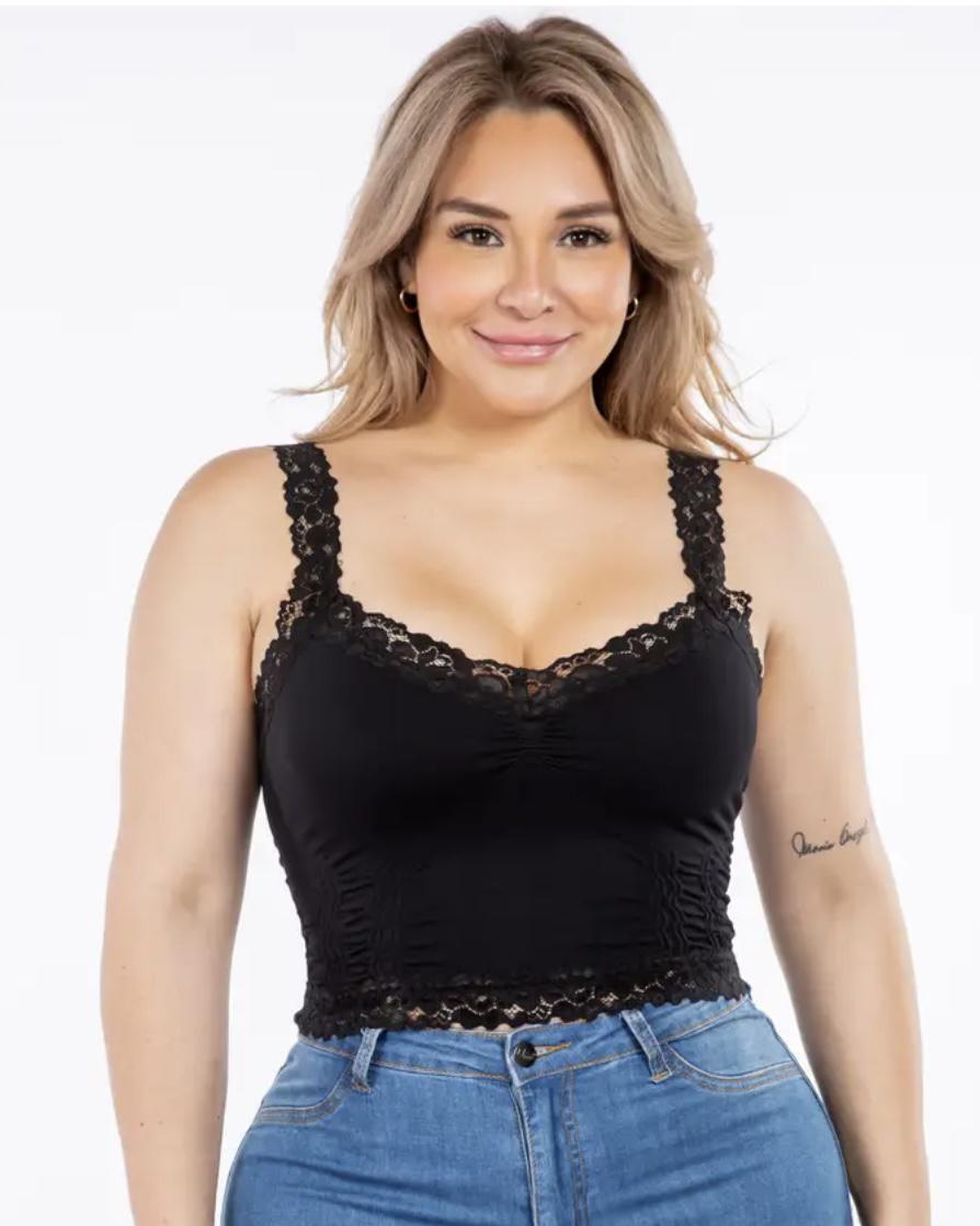 M Rena Plus Size Seamless Crop Cami Corset Look with Lace in Black