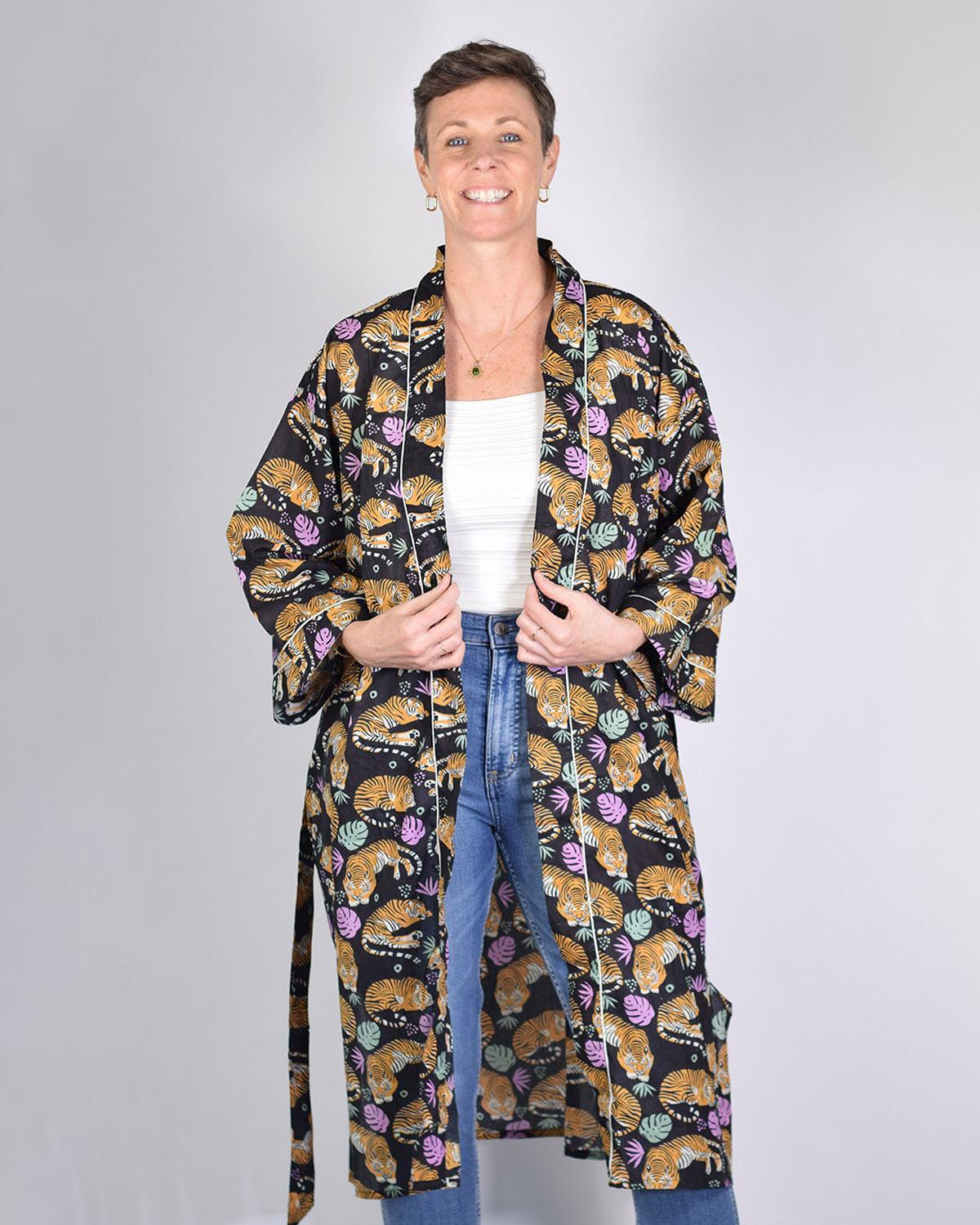 Txtile Lightweight Cotton Robe - Sleeping Tigers in Black
