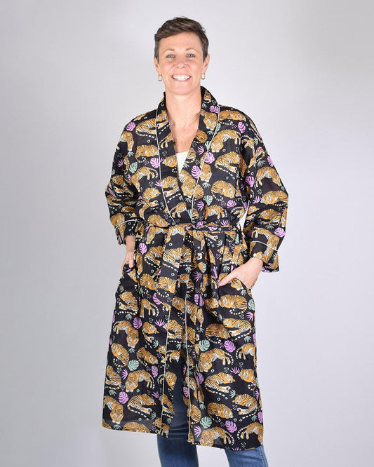 Txtile Lightweight Cotton Robe - Sleeping Tigers in Black