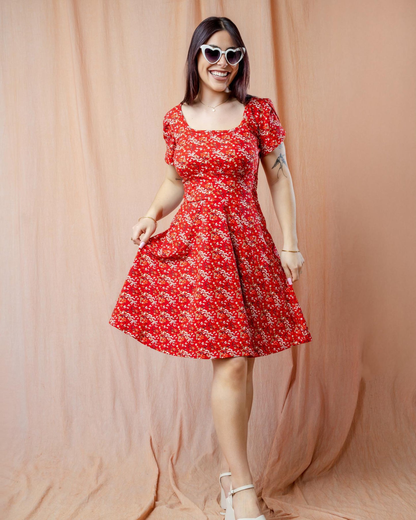 Squasht Petal Sleeve Dress in Scarlet Red Ditsy Floral Print
