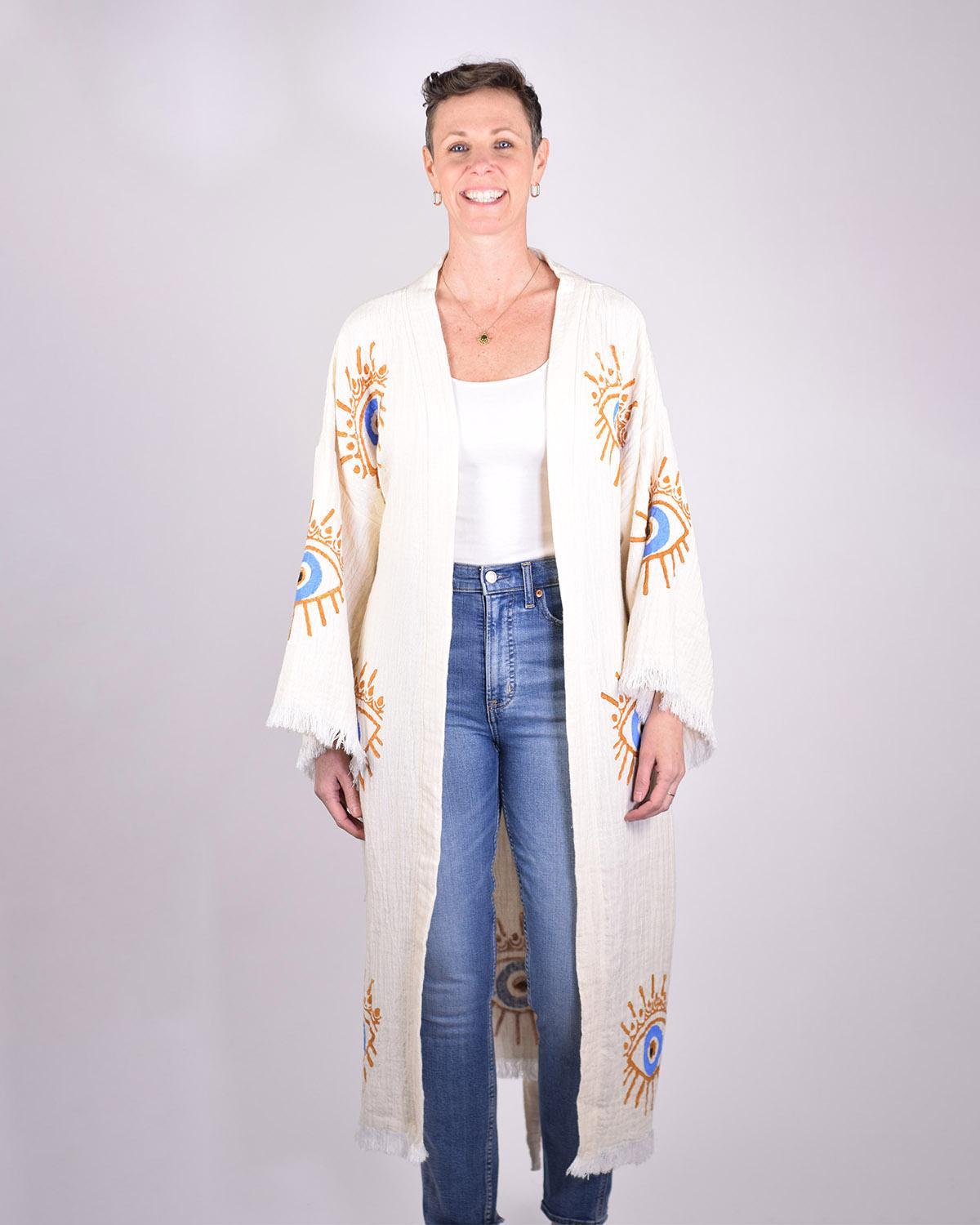 Txtile Luxury Turkish Cotton Evil Eye Kimono/Robe - Cream with Gold Eyes