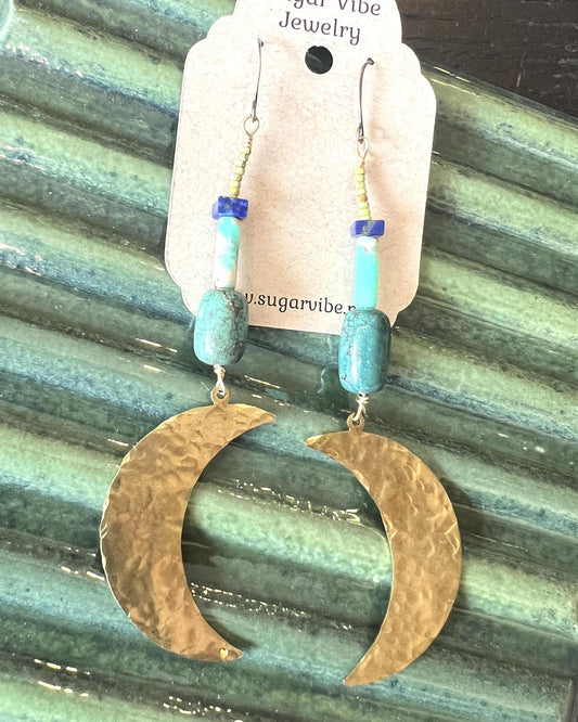 Sugar Vibe Crescent Moon Earrings with Blue Beads