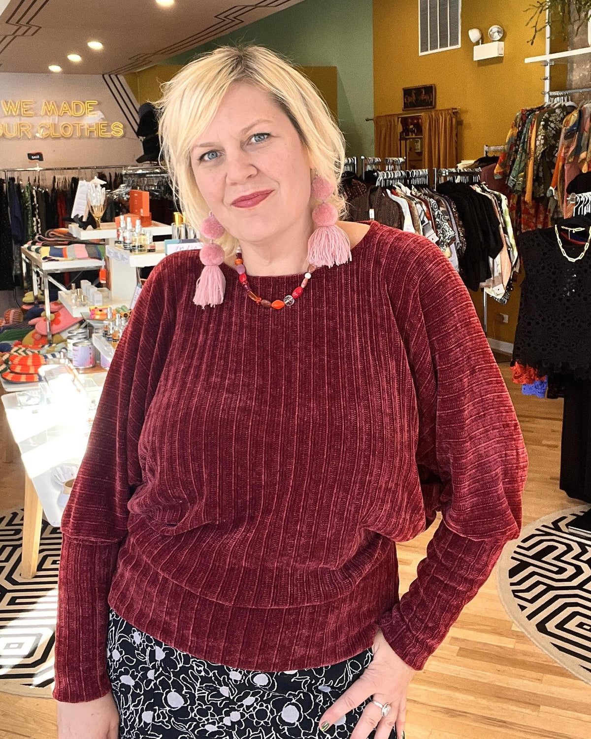 Squasht Batwing Sweater in Red Raspberry Plush Chenille Rib Knit