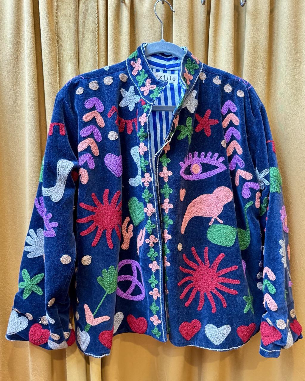 Txtile Navy Velvet Jacket with Embroidered Peace, Evil Eye, Boots, Hearts Motif