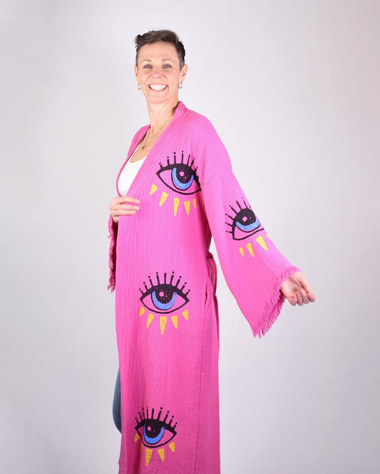 Txtile Luxury Turkish Cotton Evil Eye Kimono/Robe - Pink Dahlia