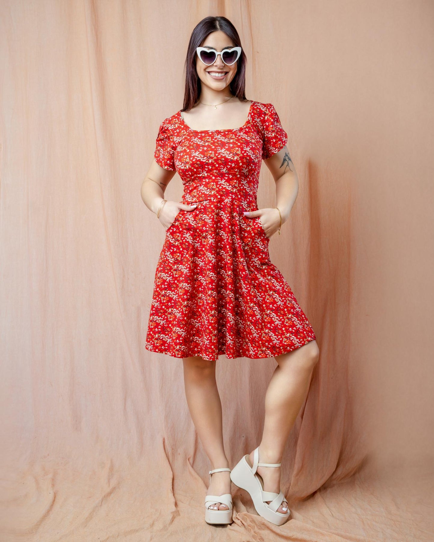 Squasht Petal Sleeve Dress in Scarlet Red Ditsy Floral Print
