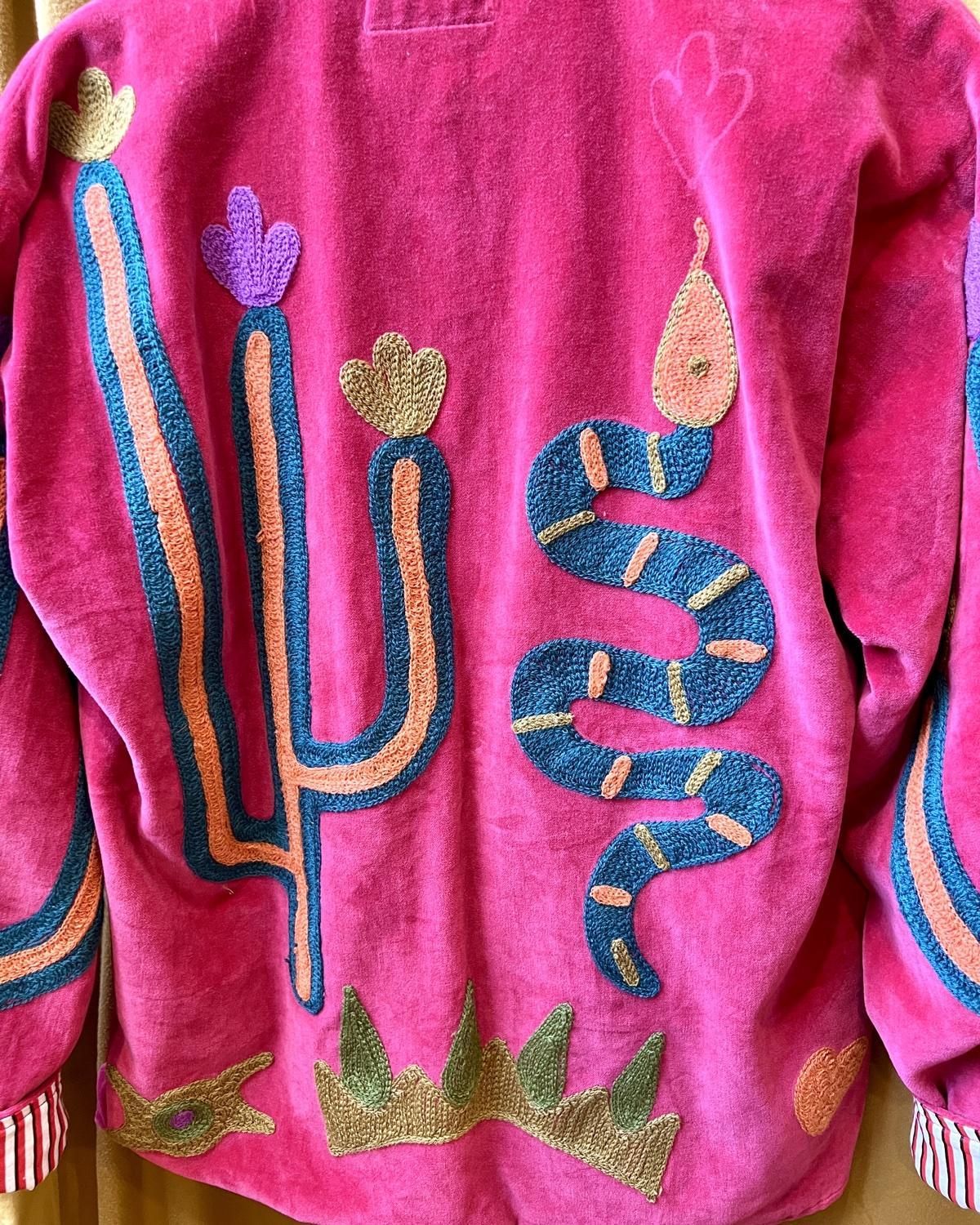 Txtile Hot Pink Velvet Jacket with Snake and Cactus Motif
