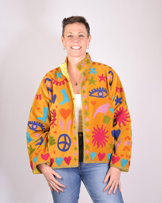 Txtile Gold Velvet Jacket with Embroidered Peace, Evil Eye, Boots, Hearts Motif