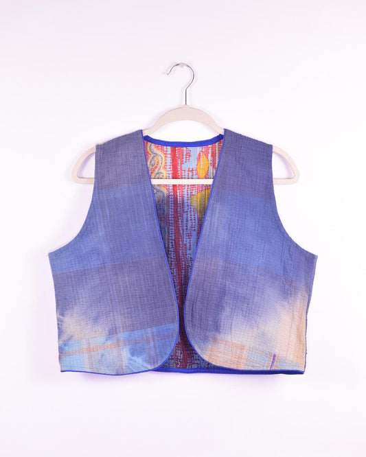 Txtile Maddie Quilted Reversible Patchwork Kantha Quilt Vest in Blue Watercolor