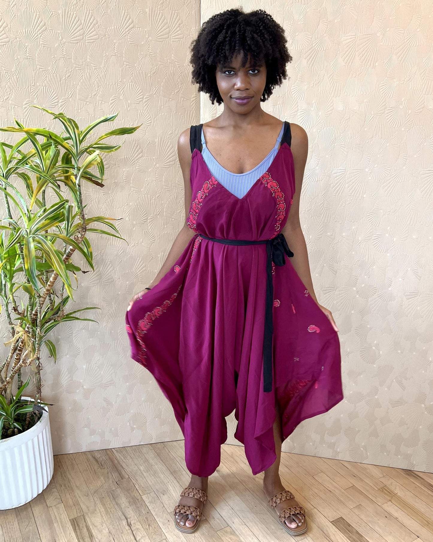 Indie Ella Zatanna Boho Silk Jumpsuit in Red Red Wine