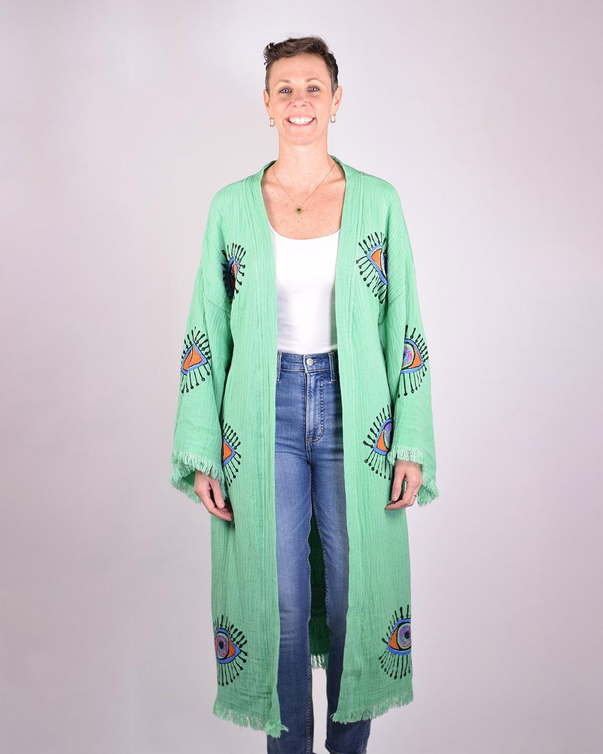 Txtile Luxury Turkish Cotton Evil Eye Kimono/Robe - Soft Jade