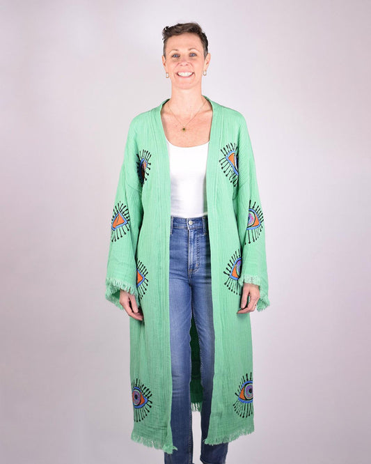 Txtile Luxury Turkish Cotton Evil Eye Kimono/Robe - Soft Jade