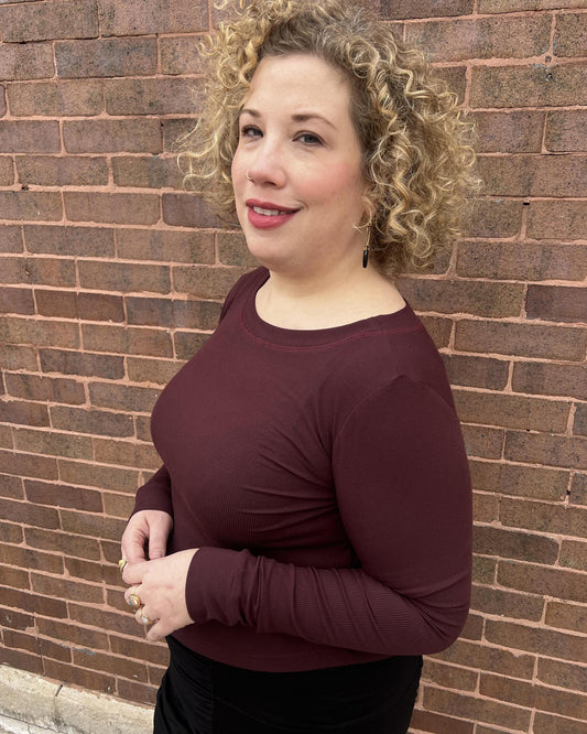 Squasht Long Sleeve Croppish Tee in Solid Cranberry Rib Knit
