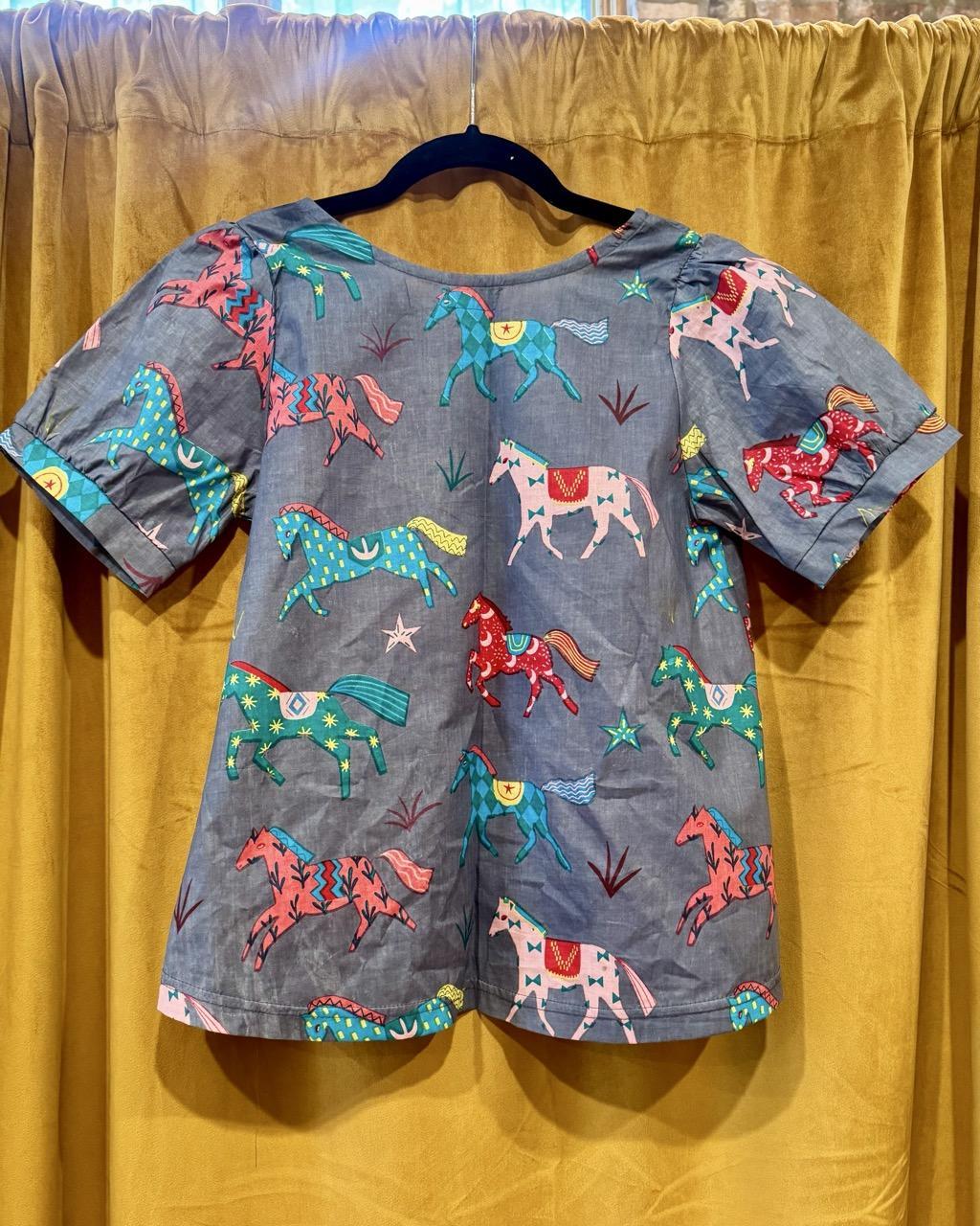 Squasht Puff Sleeve Top in Gray Horses