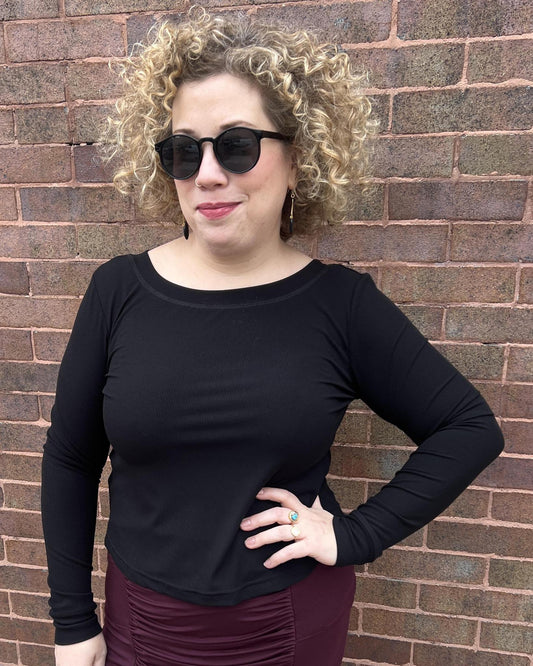 Squasht Long Sleeve Croppish Tee in Solid Black Rib Knit