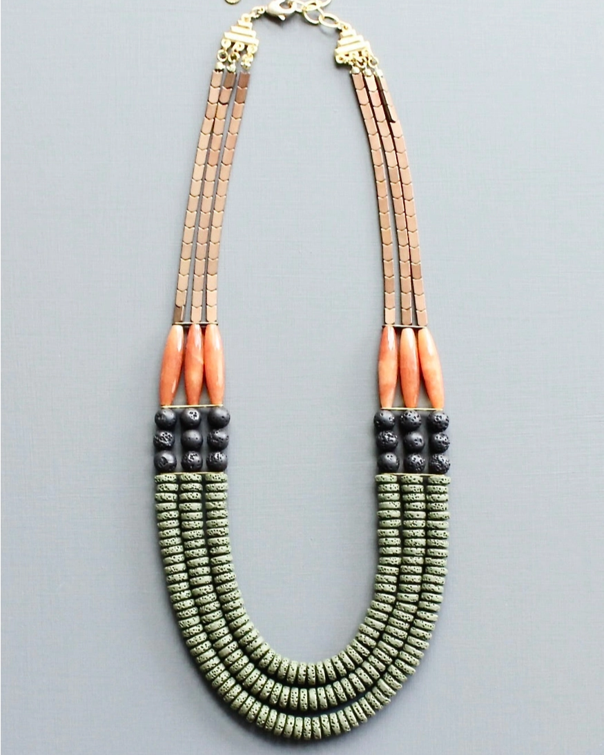 David Aubrey Triple Strand Necklace in Moss, Jet & Carnelian