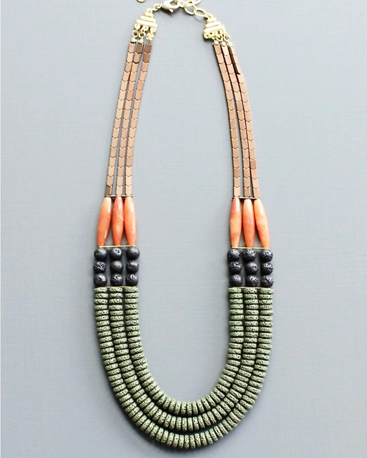 David Aubrey Triple Strand Necklace in Moss, Jet & Carnelian