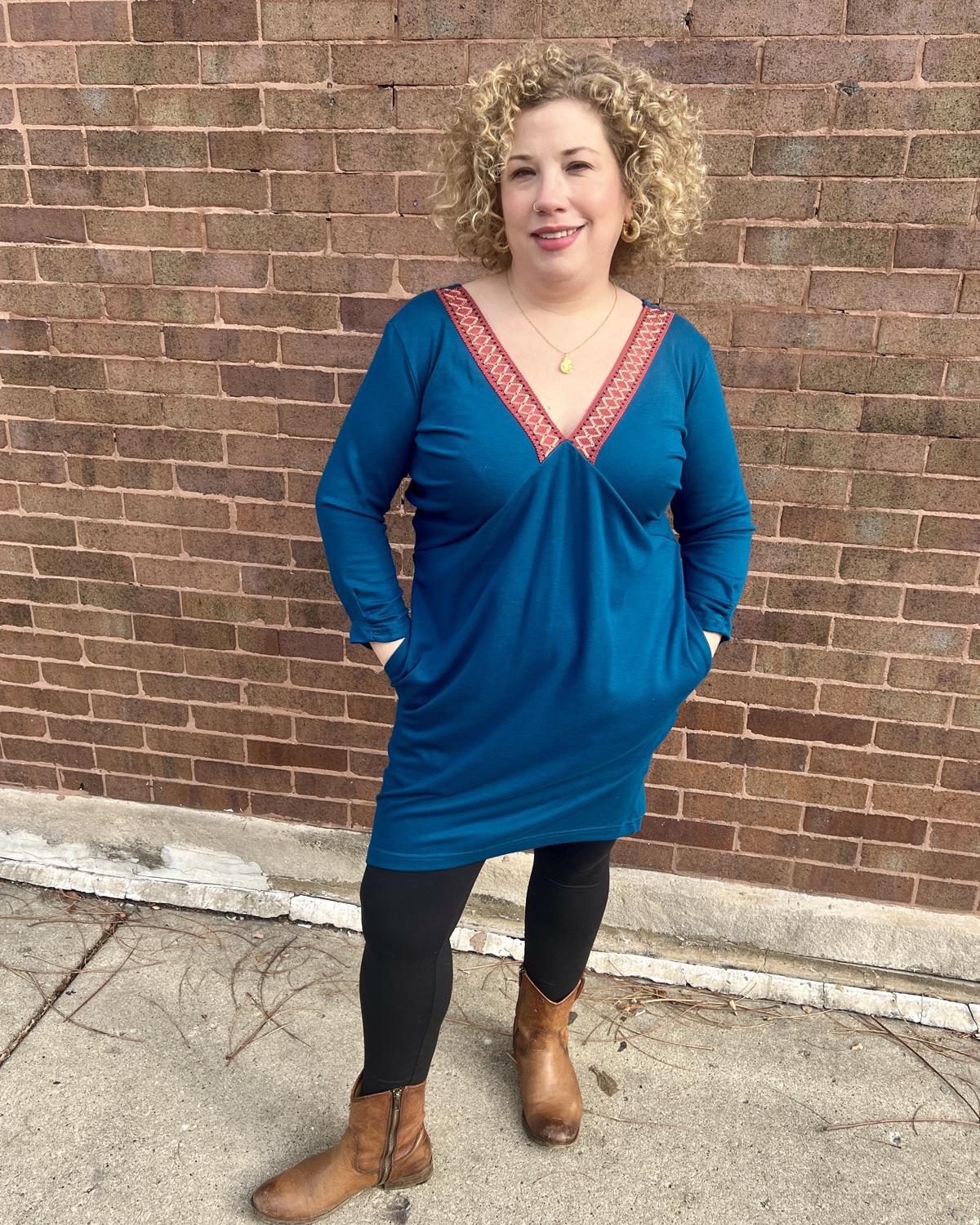 Squasht Drea Draped Dress in Teal with Berry & Pink Vintage Trim