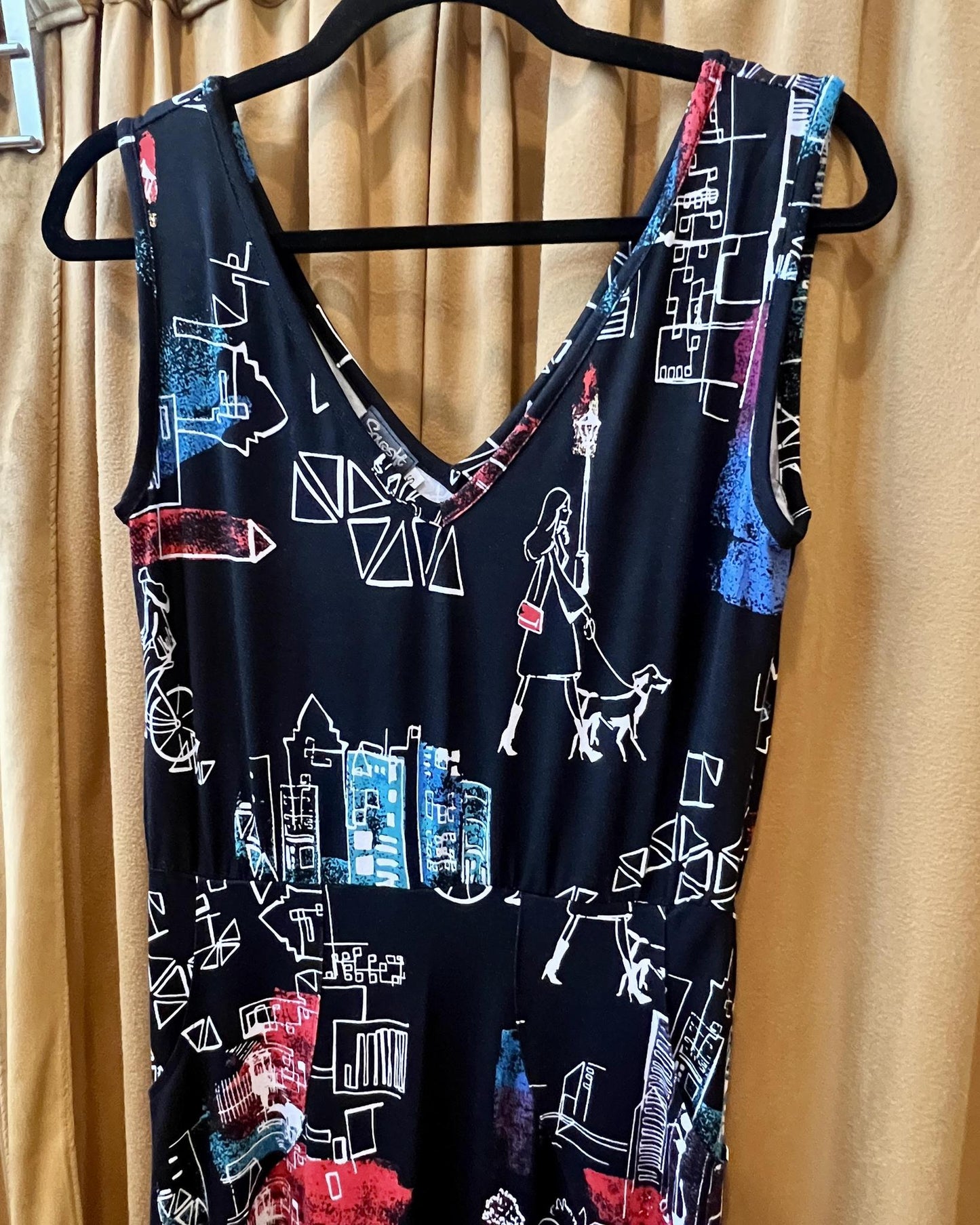 Squasht Maxi Dress Black with City Girl, Bike, and Dog Print - Size Small, Medium