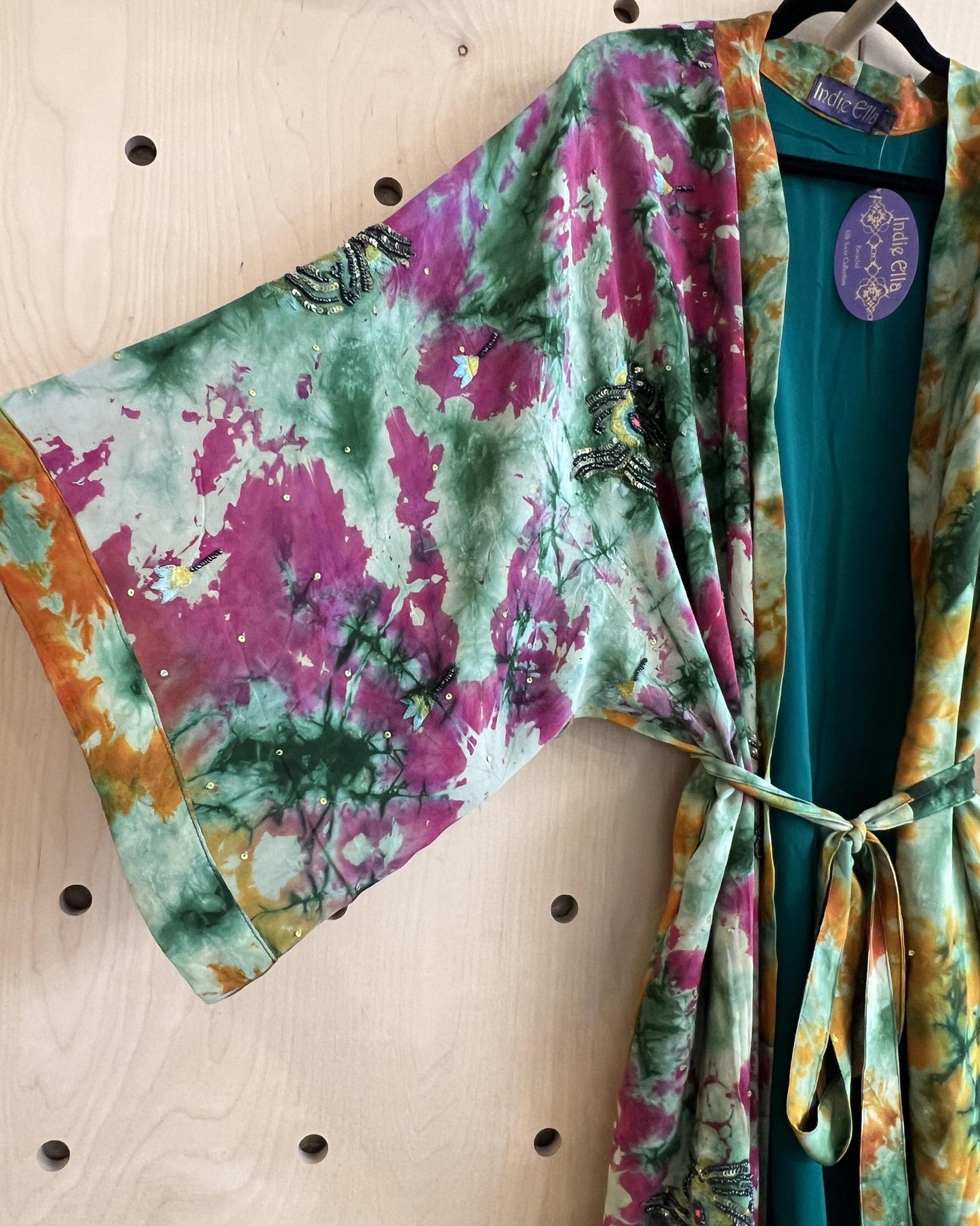 Indie Ella Double Flannery Lined Crepe Silk Kimono in Pink & Green Tie Dye