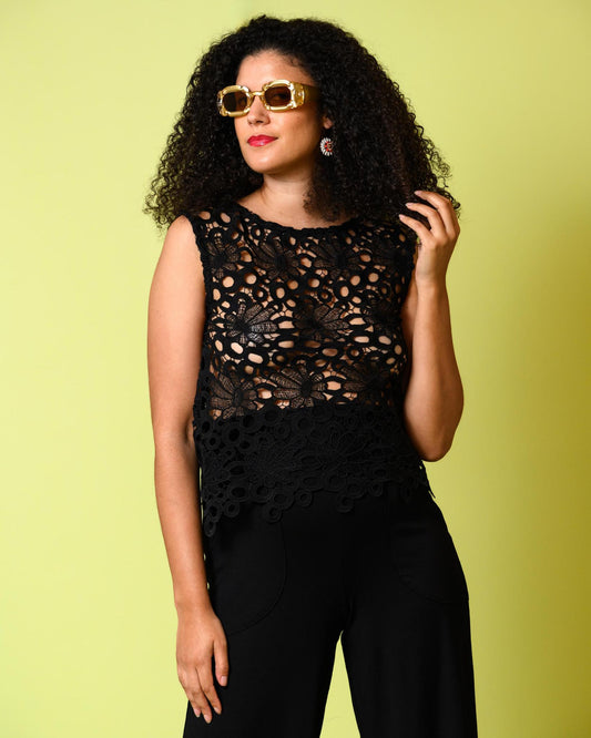 Squasht Flora Shell Top in Solid Black Lace