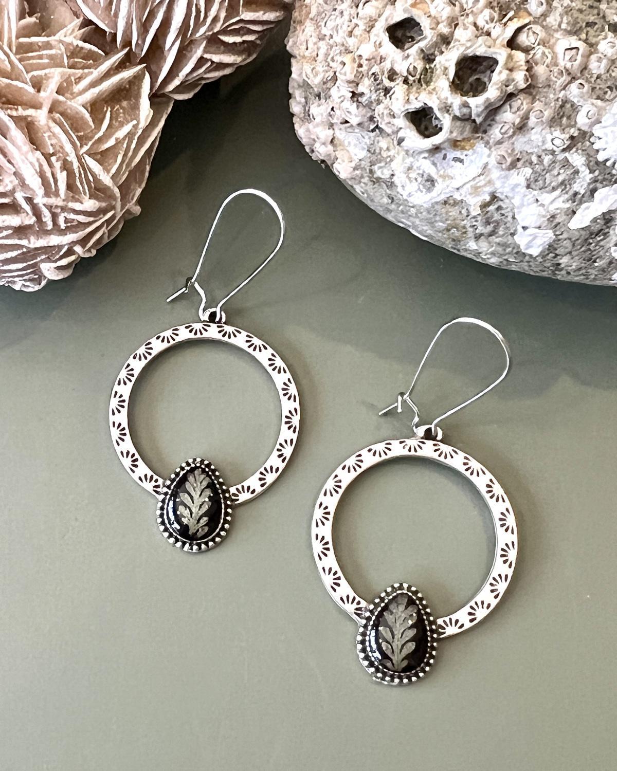 Pajaro Negro Fern Ornate Hoop Earrings